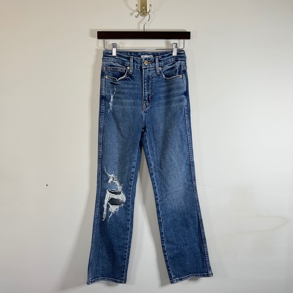 Good American Good Curve High Waist Distressed Straight Leg Jeans 26 Medium Wash